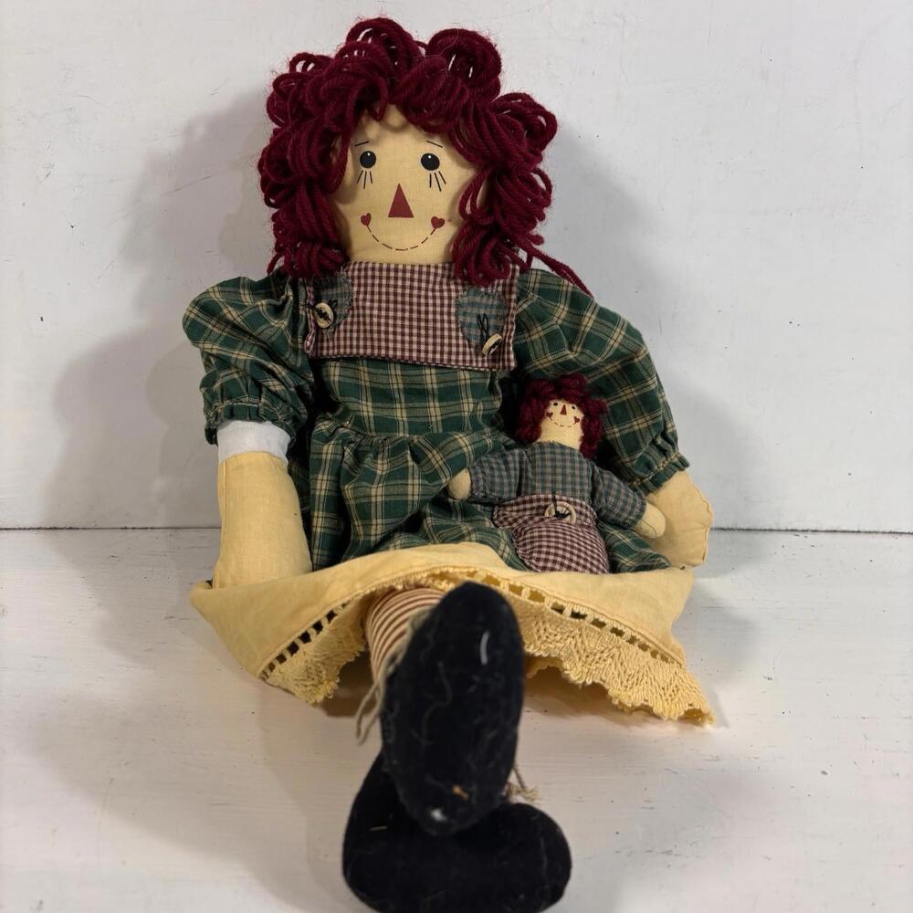 Primitive Raggedy Ann Doll W Baby Americana Folk Art Shabby Chic Yarn Hair